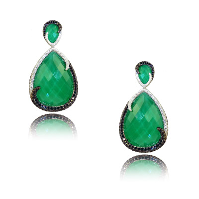 18K WHITE GOLD Green Agate Diamond Earrings