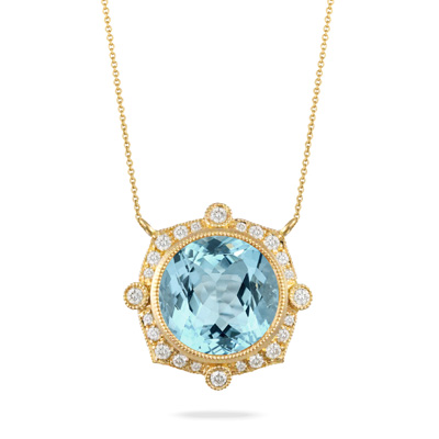 18K YELLOW GOLD Blue Topaz Diamond Pendant